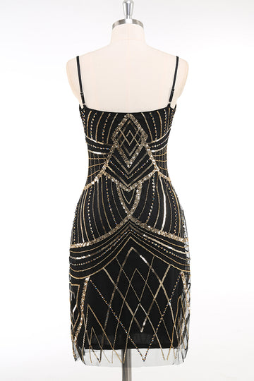 Black Golden Spaghetti Straps Sequins Bodycon Short 1920s Dress